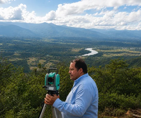 Carlos Prieto realizando un levantamiento topográfico en campo